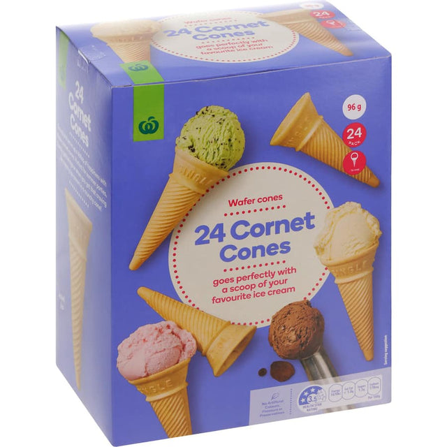 Woolworths Ice Cream Cones Cornet, 24 crispy wafer cones perfect for serving ice cream, made in New Zealand, no artificial additives.