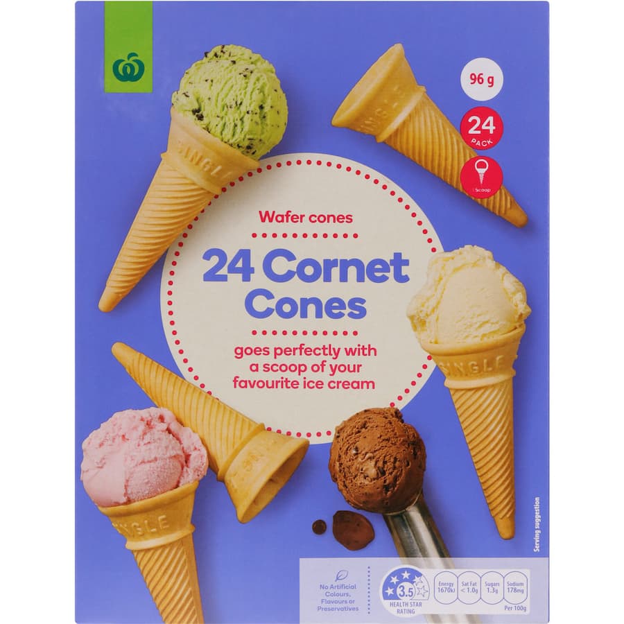 Woolworths Ice Cream Cones Cornet, a 24-pack of crispy wafer cones perfect for ice cream, made in New Zealand without additives.