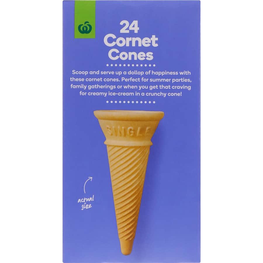 Crispy wafer ice cream cones by Woolworths, perfect for summer treats, made in New Zealand, no artificial ingredients.