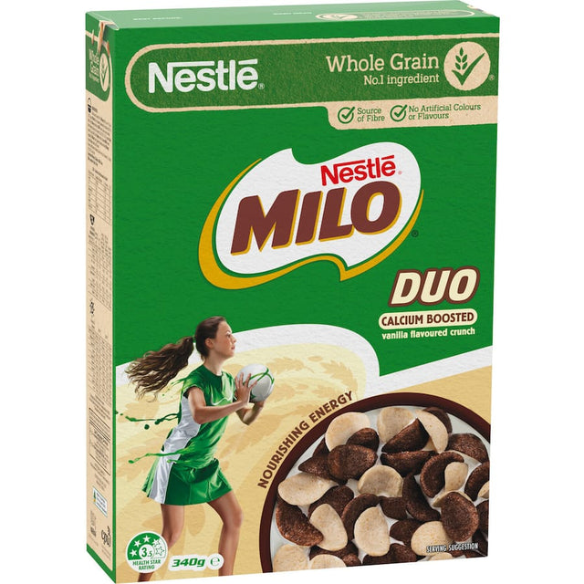 Nestle Cereal Milo Duo: a crunchy blend of chocolate malt and milky-vanilla curls, rich in whole grains, calcium, and magnesium.