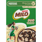 Nestle Cereal Milo Duo combines chocolate malt and milky-vanilla flavors for a nutritious, crunchy breakfast option.