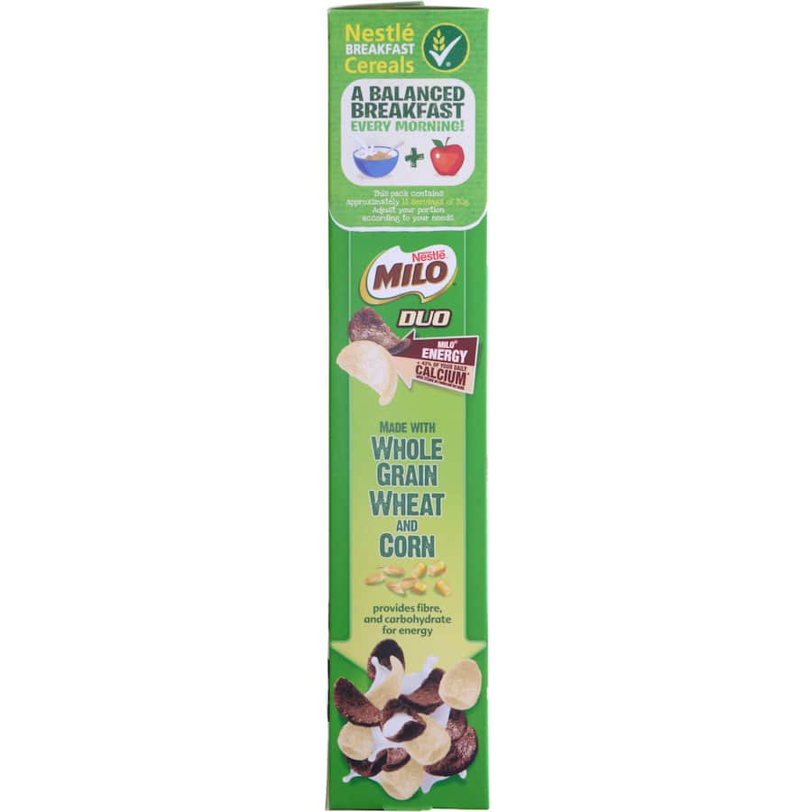 Nestle Cereal Milo Duo: a crunchy blend of chocolate malt and milky-vanilla curls, rich in whole grains and essential nutrients.