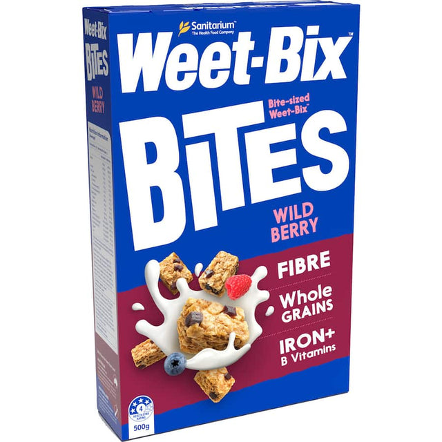 Sanitarium Weet-Bix Bites Cereal Wildberry, packed with whole grains and infused with mixed berry purees for a nutritious breakfast.