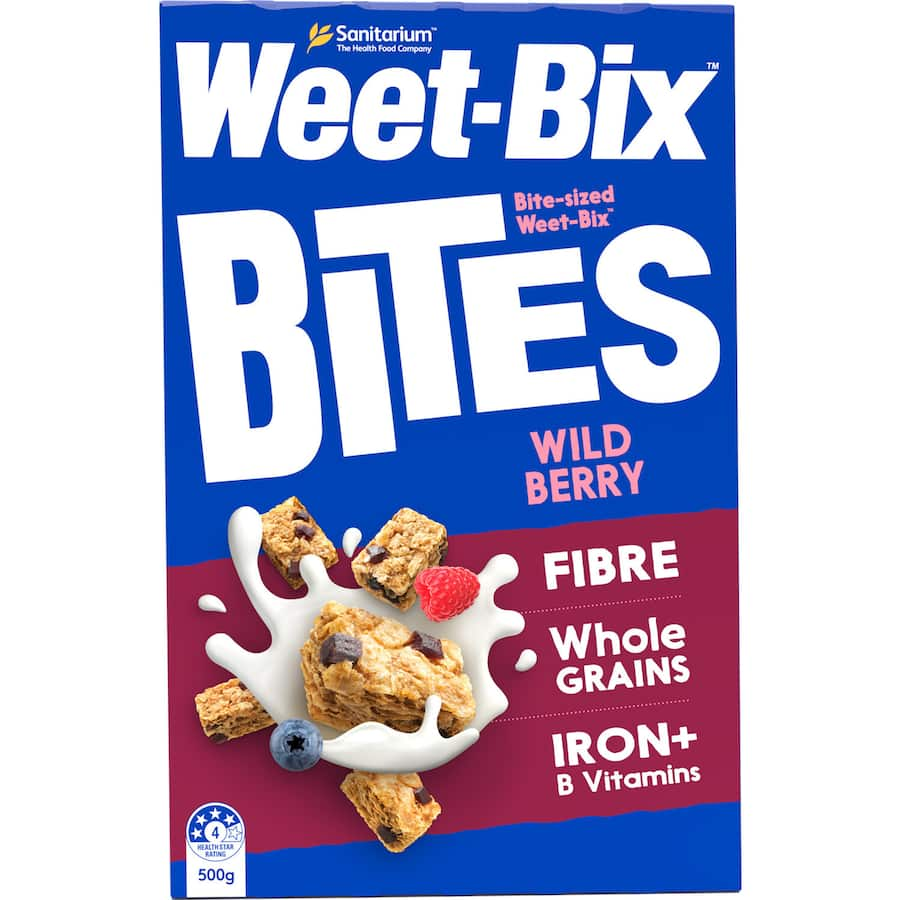 Bite-sized wildberry cereal featuring whole grains, strawberries, blackcurrants, raspberries, and blueberries for energizing mornings.