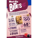 Sanitarium Weet-bix Bites Cereal Wildberry, whole grain bites infused with berry purees for a nutritious, tasty breakfast.