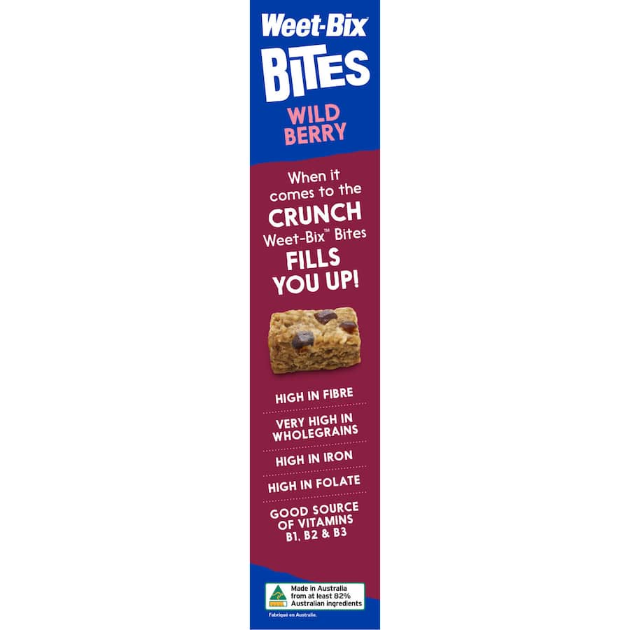 Bite-sized Weet-Bix cereal with wildberry puree, rich in whole grains, fiber, and essential vitamins for energized mornings.