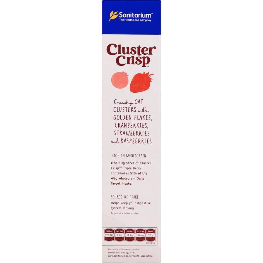 Sanitarium Cluster Crisp Cereal Triple Berry features crunchy oat clusters and a mix of cranberries, raspberries, and strawberries.