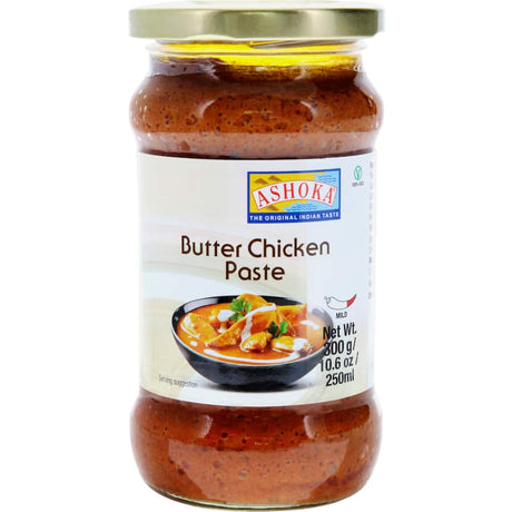 A jar of Ashoka Indian Butter Chicken Paste, providing rich, creamy flavor for authentic Indian dishes at home.