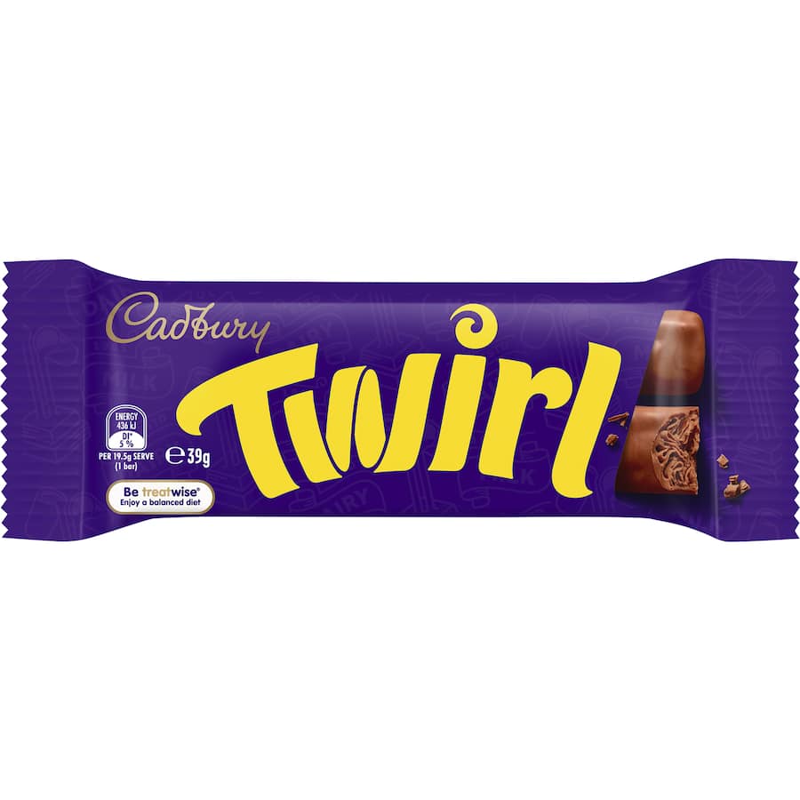 Cadbury Twirl chocolate bar featuring silky swirls of milk chocolate wrapped in creamy Dairy Milk chocolate.