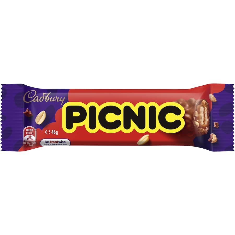 Cadbury Picnic chocolate bar with creamy chocolate, crunchy peanuts, and chewy caramel in a crispy wafer.