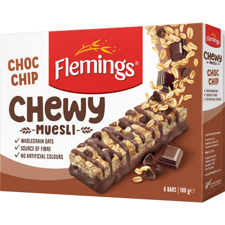 Flemings Chewy Muesli Bars with chocolate chips, soft, chewy, nutritious, and packed with oats for a guilt-free snack.