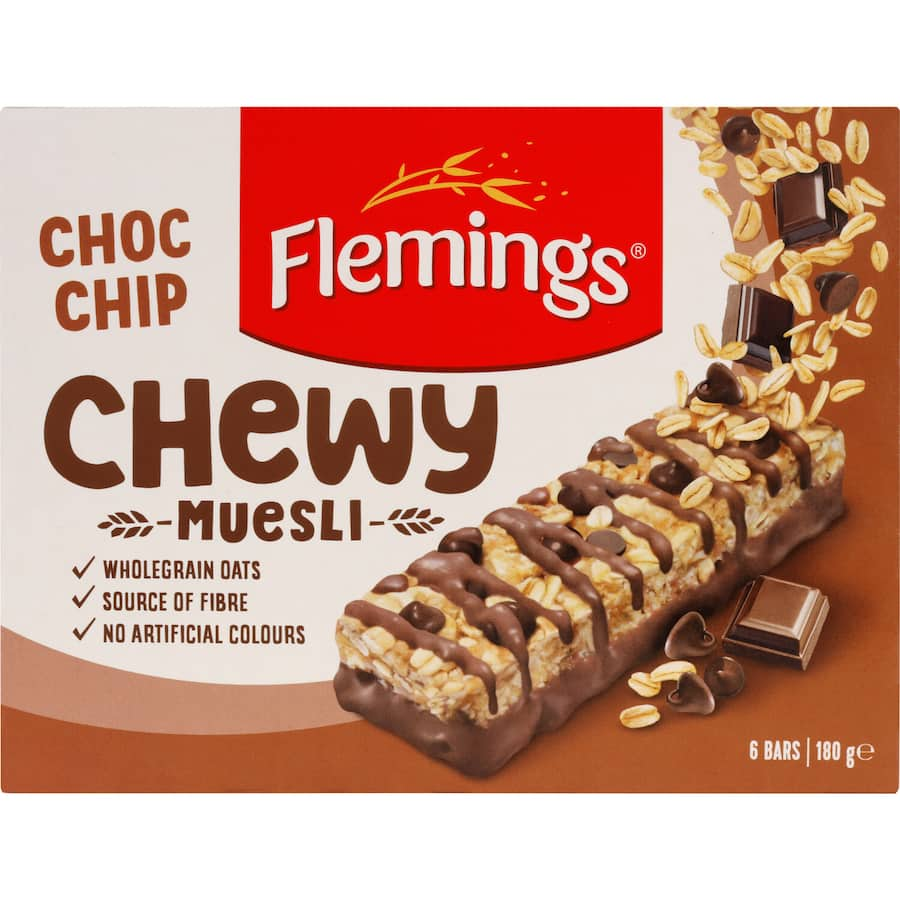 Flemings Chewy Muesli Bars Chocolate Chip: soft, chewy bars with oats and rich chocolate chips, perfect for guilt-free snacking.