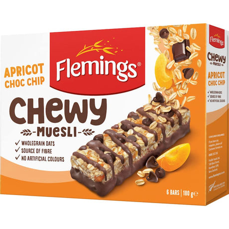 Chewy muesli bar with apricot and chocolate chips, made from oats and a source of dietary fiber for nutritious snacking.