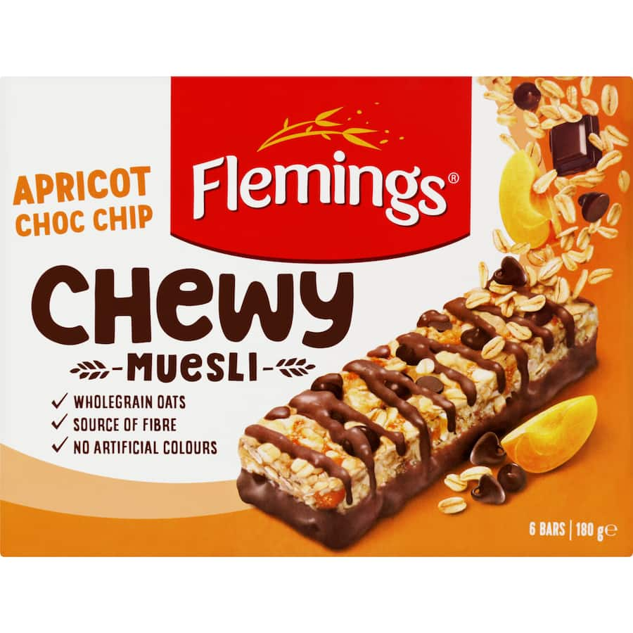 Flemings Chewy Muesli Bars with apricot and chocolate chips, soft and chewy, packed with oats and fiber for nutritious snacking.