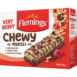 Flemings Chewy Muesli Bars Very Berry with oats, berry chunks, and chocolate chips, perfect for on-the-go snacking.