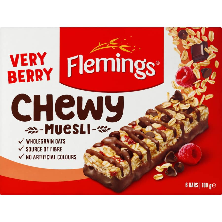 Flemings Chewy Muesli Bars Very Berry featuring oats, berries, and chocolate for a soft, chewy, and nutritious snack.