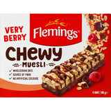 Flemings Chewy Muesli Bars Very Berry featuring oats, berries, and chocolate for a soft, chewy, and nutritious snack.