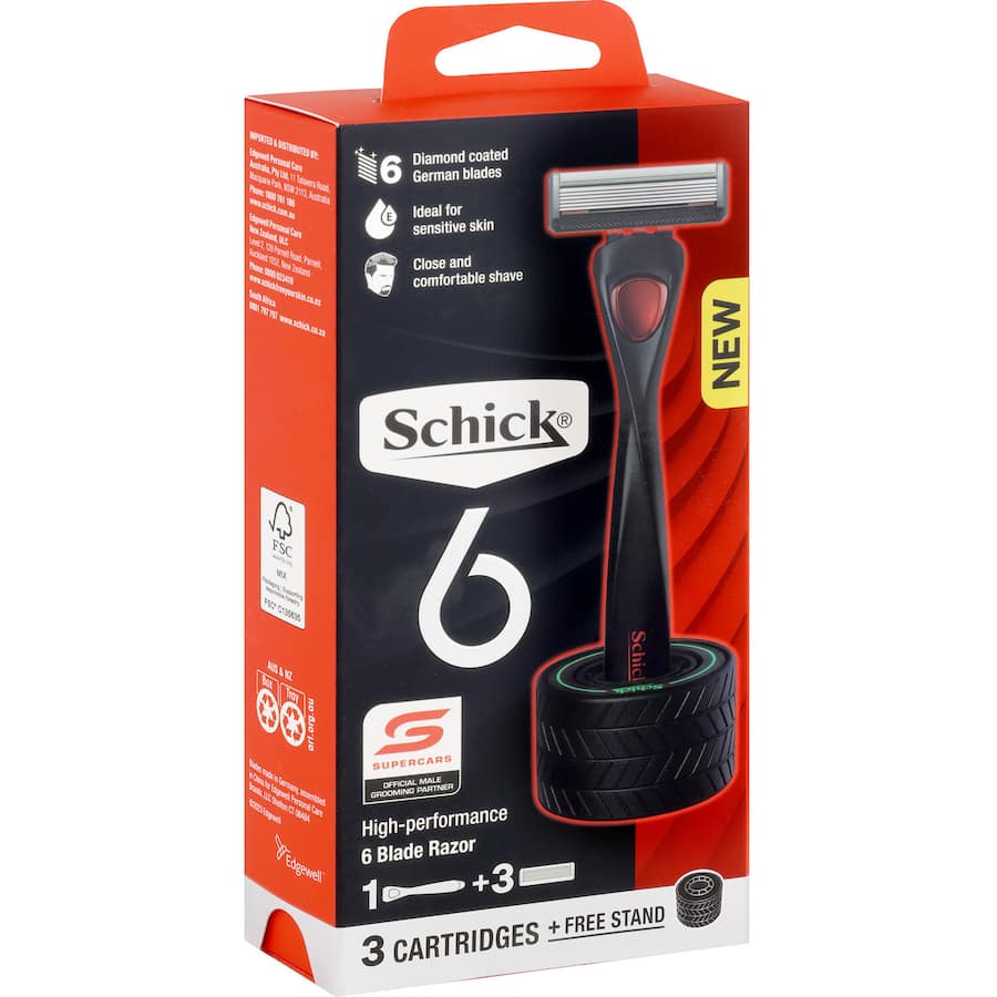 Schick 6 Razor handle with 3 cartridges and elegant stand for a close, comfortable, and irritation-free shave.