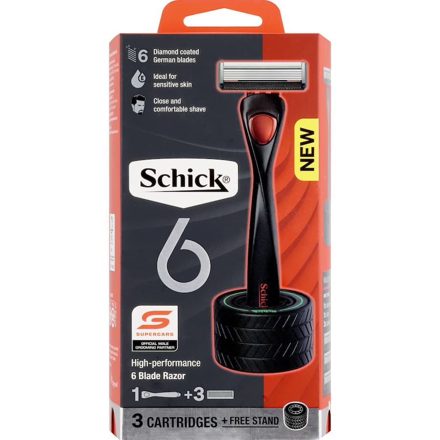 Schick 6 Razor, 3 cartridges, and stand kit for a close, comfortable, and organized shaving experience.
