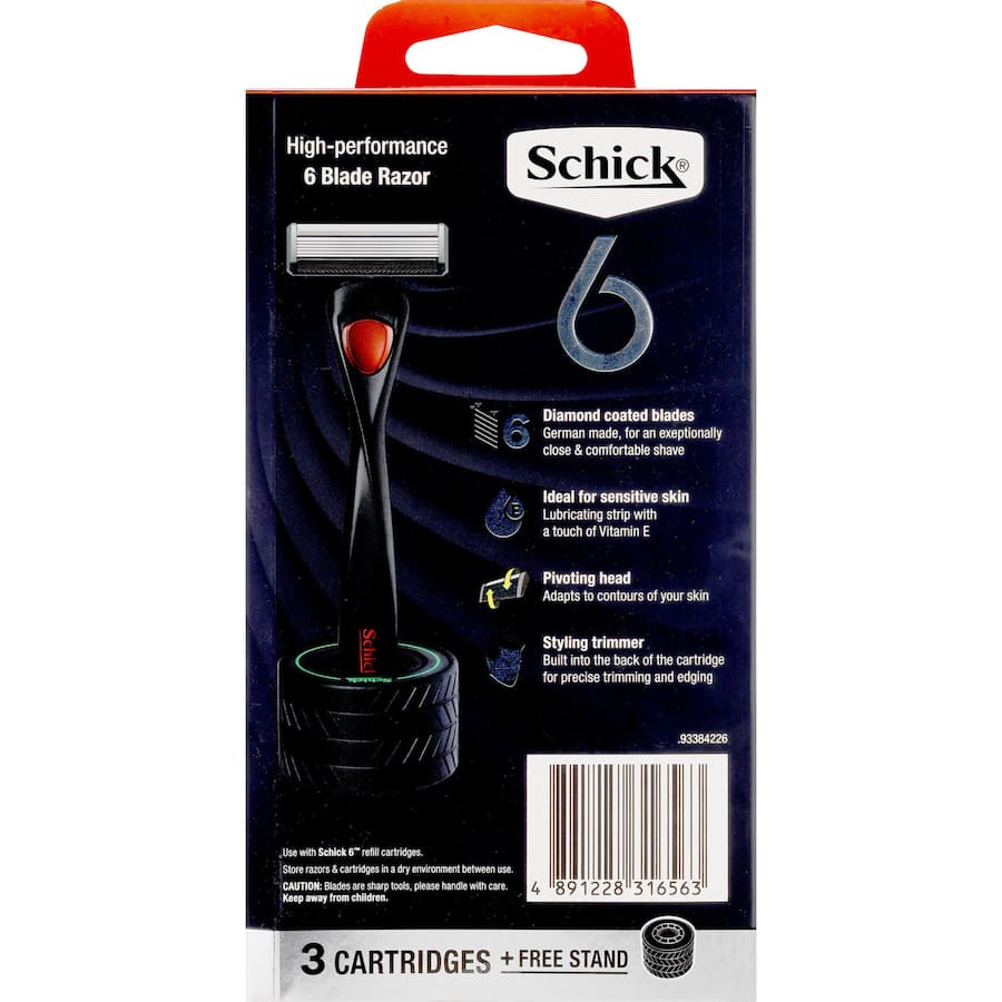 Schick 6 Razor Handle set with 3 cartridges and elegant stand for a comfortable, close shave for all users.
