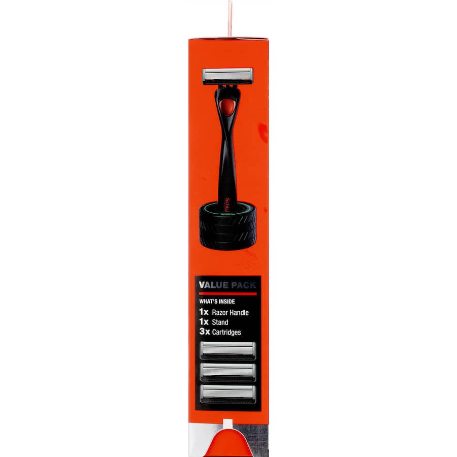 Schick 6 Razor Handle with 3 cartridges and free stand kit for a close, comfortable, and organized shaving experience.