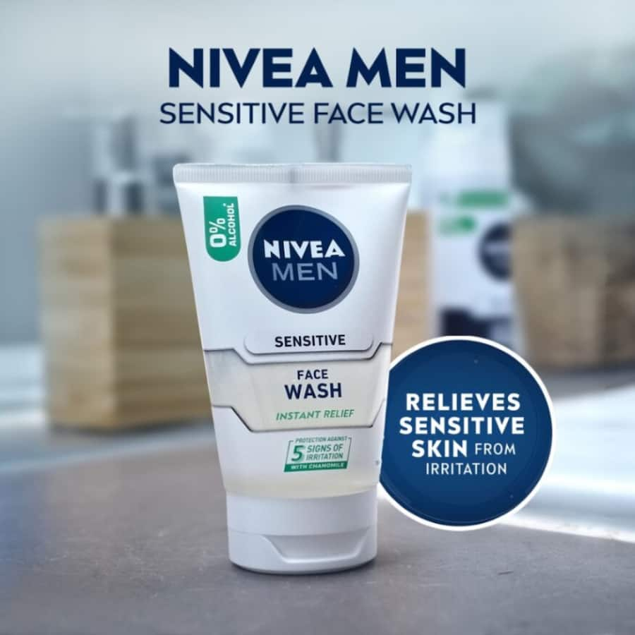 Nivea For Men Facial Wash Sensitive: a soap-free gel with Chamomile and Vitamin E for gentle cleansing and irritation relief.