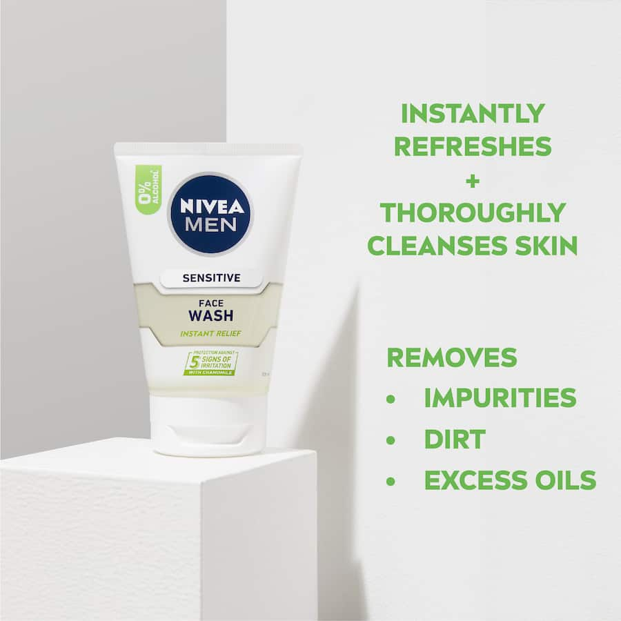 Nivea For Men Facial Wash Sensitive: a soothing gel with Chamomile and Vitamin E for irritation-prone skin relief and refreshment.