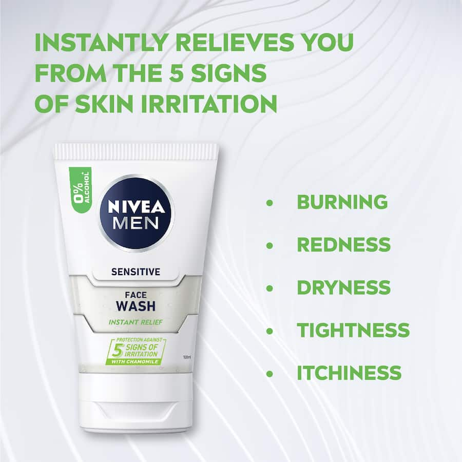 Nivea For Men Facial Wash Sensitive, a gentle gel cleanser with Chamomile and Vitamin E, relieves irritation and refreshes skin.