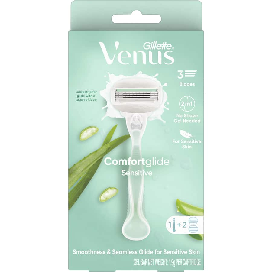 Gillette Venus Comfortglide Sensitive Kit features a gentle razor for smooth shaving, ideal for sensitive skin with moisturizing gel bars.