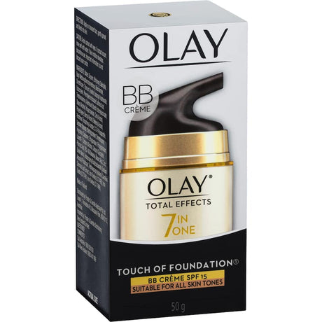 Olay Total Effects Touch of Foundation Moisturiser SPF 15, offering hydration, anti-aging benefits, and sheer coverage for radiant skin.