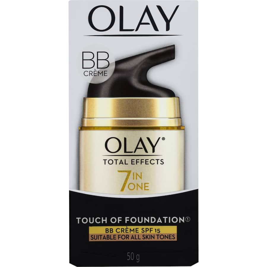 Olay Total Effects Touch of Foundation Moisturiser with SPF 15 for youthful skin, combining hydration, coverage, and anti-aging benefits.