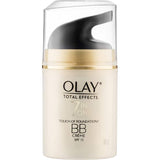 Olay Total Effects Touch of Foundation Moisturiser SPF 15, a dual-purpose cream for radiant, youthful skin with anti-aging benefits.