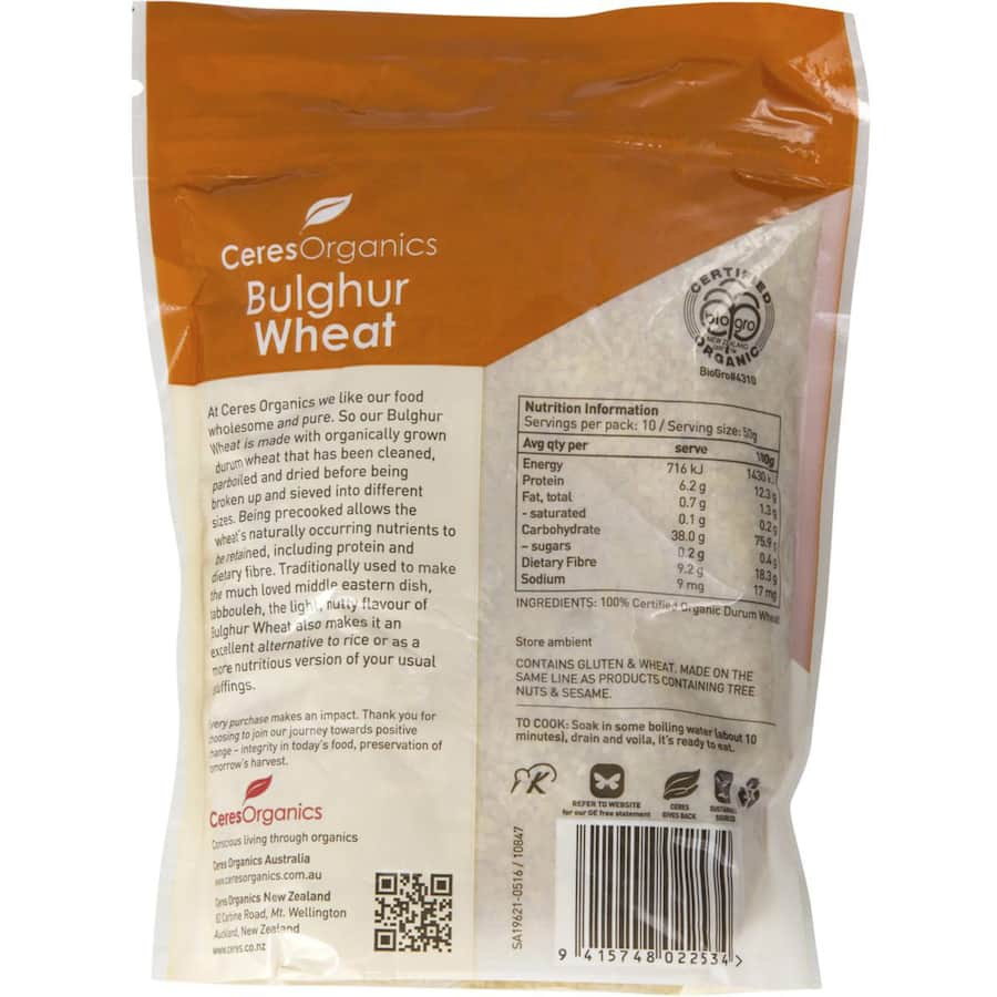 Organic Ceres Bulghur Wheat, nutrient-rich, parboiled durum wheat, ideal for tabbouleh, easy to prepare, perfect grain alternative.