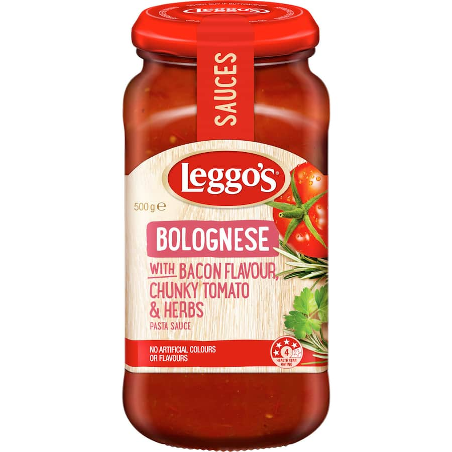 Leggo's Pasta Sauce Bolognese with Bacon Flavour offers a savory blend for delicious pasta meals in minutes.