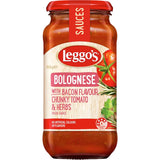 Leggo's Pasta Sauce Bolognese with Bacon, a rich blend for pasta lovers, ideal for quick meals and hearty flavors.