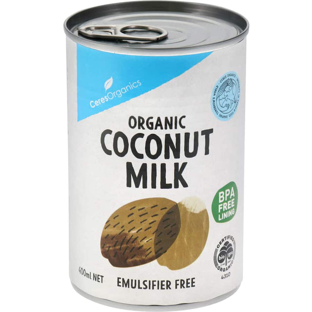 Ceres Organics Coconut Milk in a carton, promoting a creamy, natural dairy alternative made from organic coconuts.