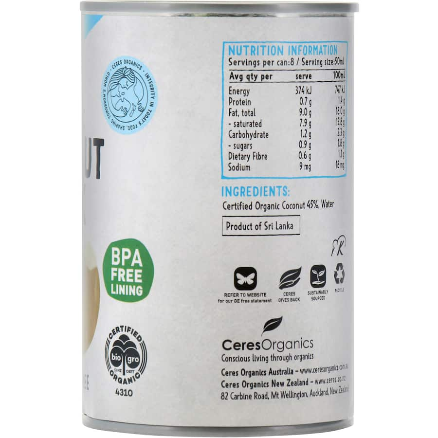 Ceres Organics Coconut Milk, a creamy and rich dairy alternative made from organic coconuts, perfect for cooking and smoothies.