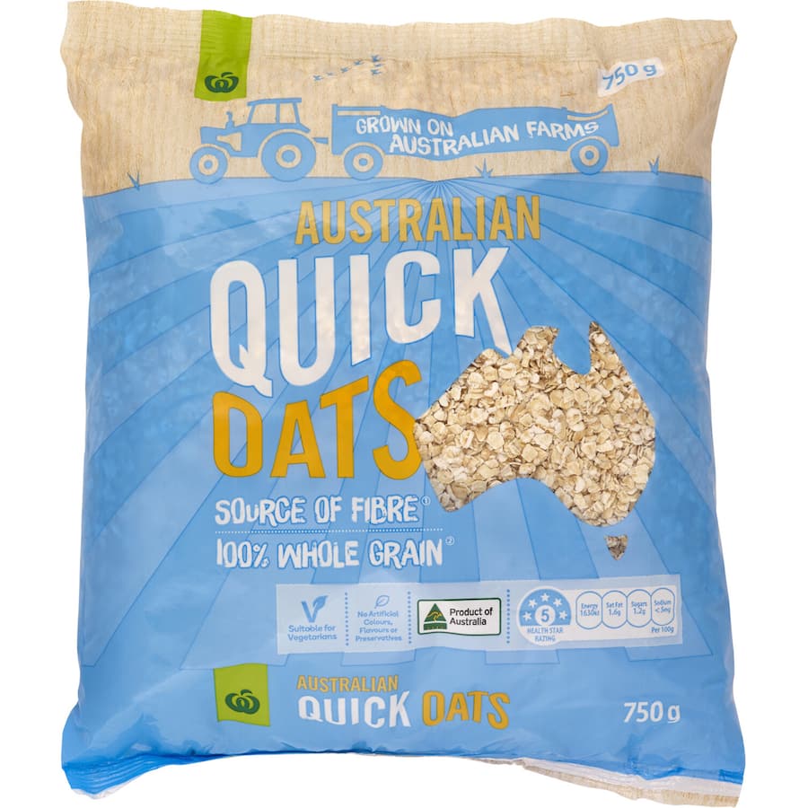 Bowl of Woolworths Quick Oats, 100% whole grain, rich in fiber, perfect for quick and healthy breakfast options.