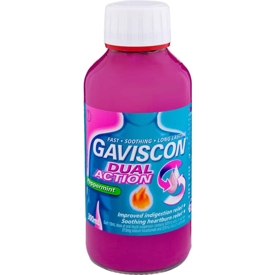 Gaviscon Dual Action Liquid in Peppermint provides fast relief from heartburn and indigestion, neutralizing stomach acid effectively.