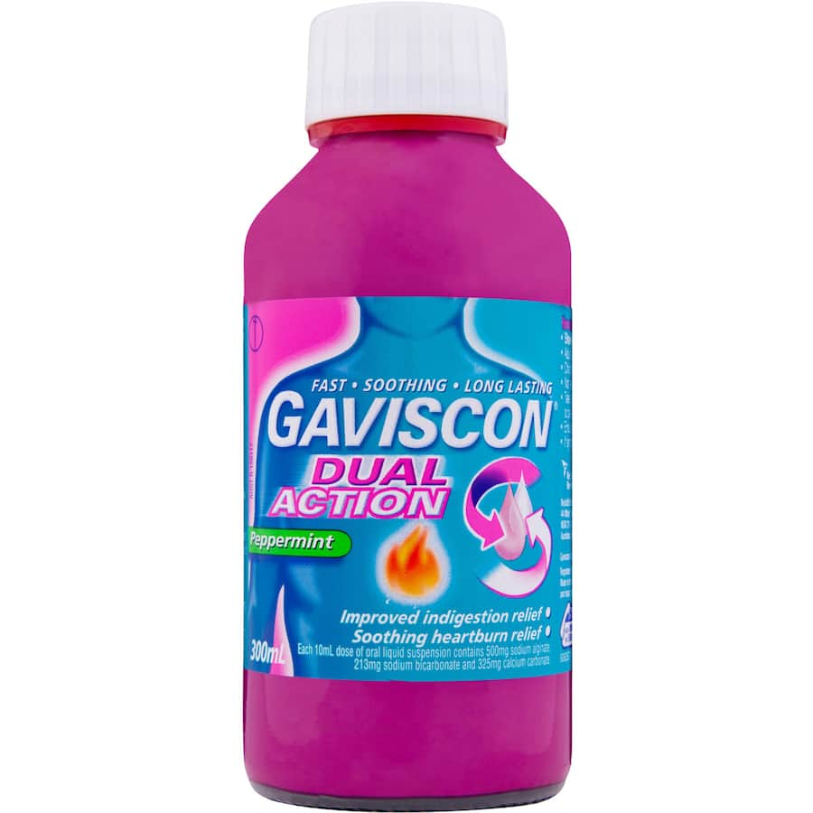 Gaviscon Dual Action Liquid in Peppermint, providing rapid relief from heartburn and indigestion with dual action formula.