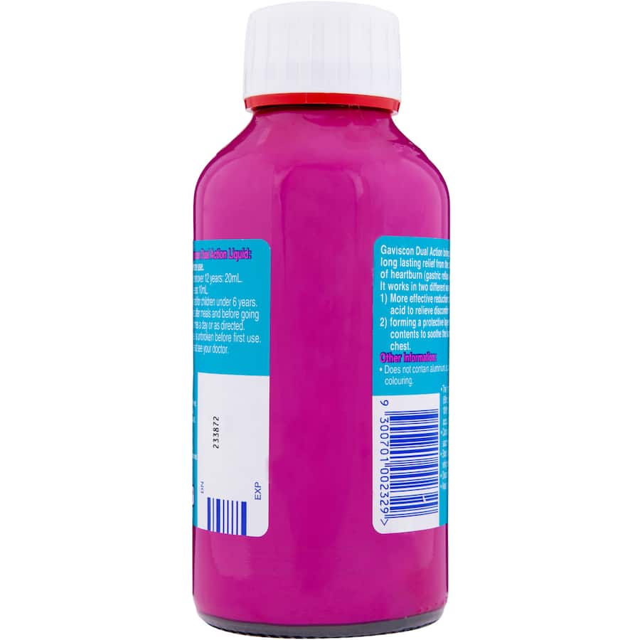 Gaviscon Dual Action Liquid in Peppermint provides fast relief from heartburn and indigestion with dual-action protection.