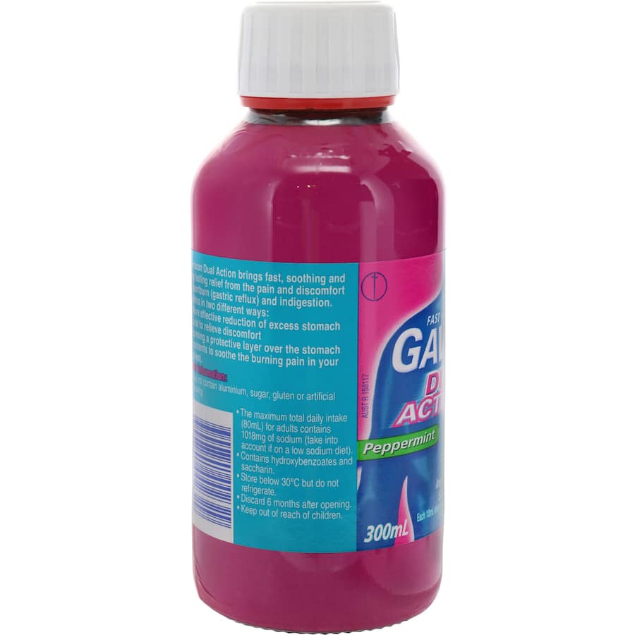 Gaviscon Dual Action Peppermint liquid providing fast relief from heartburn and indigestion with a soothing, protective formula.