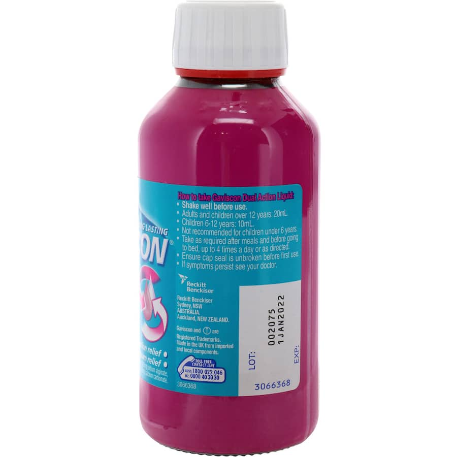 Gaviscon Dual Action Liquid in Peppermint provides fast relief from heartburn by neutralizing acid and forming a protective raft.