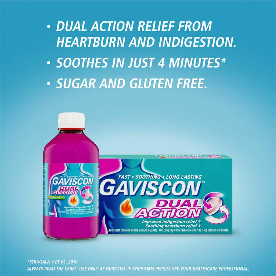 Gaviscon Dual Action Liquid in peppermint flavor provides rapid relief from heartburn and indigestion with dual-action support.