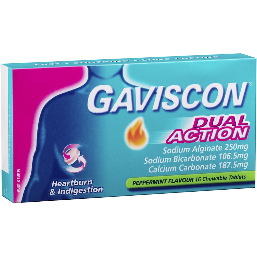 Gaviscon Dual Action chewable tablets in peppermint flavor for rapid heartburn and indigestion relief.