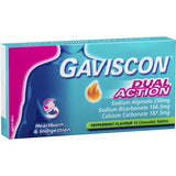 Gaviscon Dual Action chewable tablets in peppermint flavor for rapid heartburn and indigestion relief.