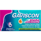 Gaviscon Dual Action peppermint chewable tablets for rapid heartburn and indigestion relief, soothing and effective.