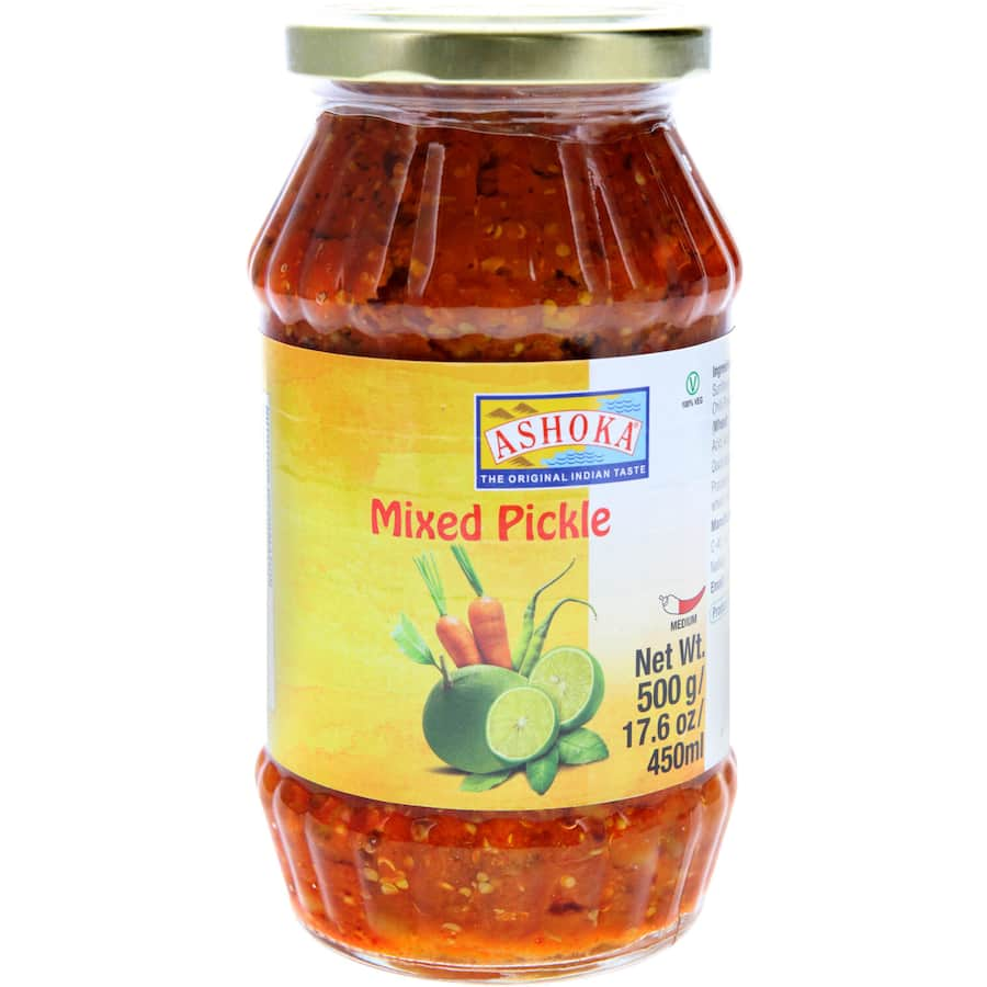 Jar of Ashoka Indian Mixed Pickle showcasing a vibrant blend of vegetables and spices for authentic Indian flavor.