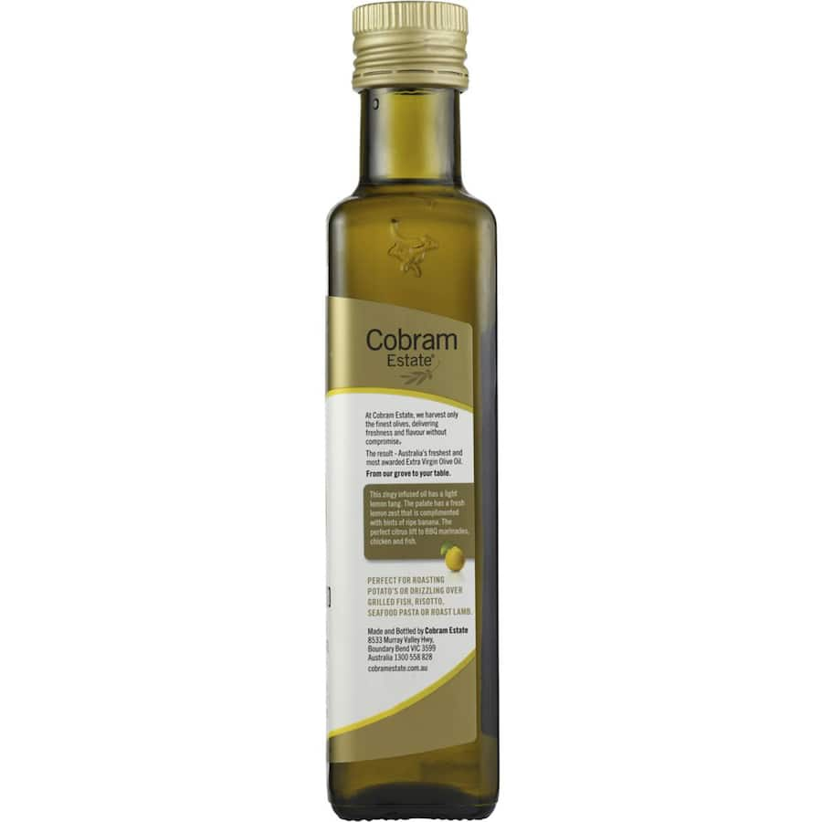 Cobram Estate Extra Virgin Lemon Twist Olive Oil showcases zesty lemon infusion for enhancing culinary dishes and marinades.