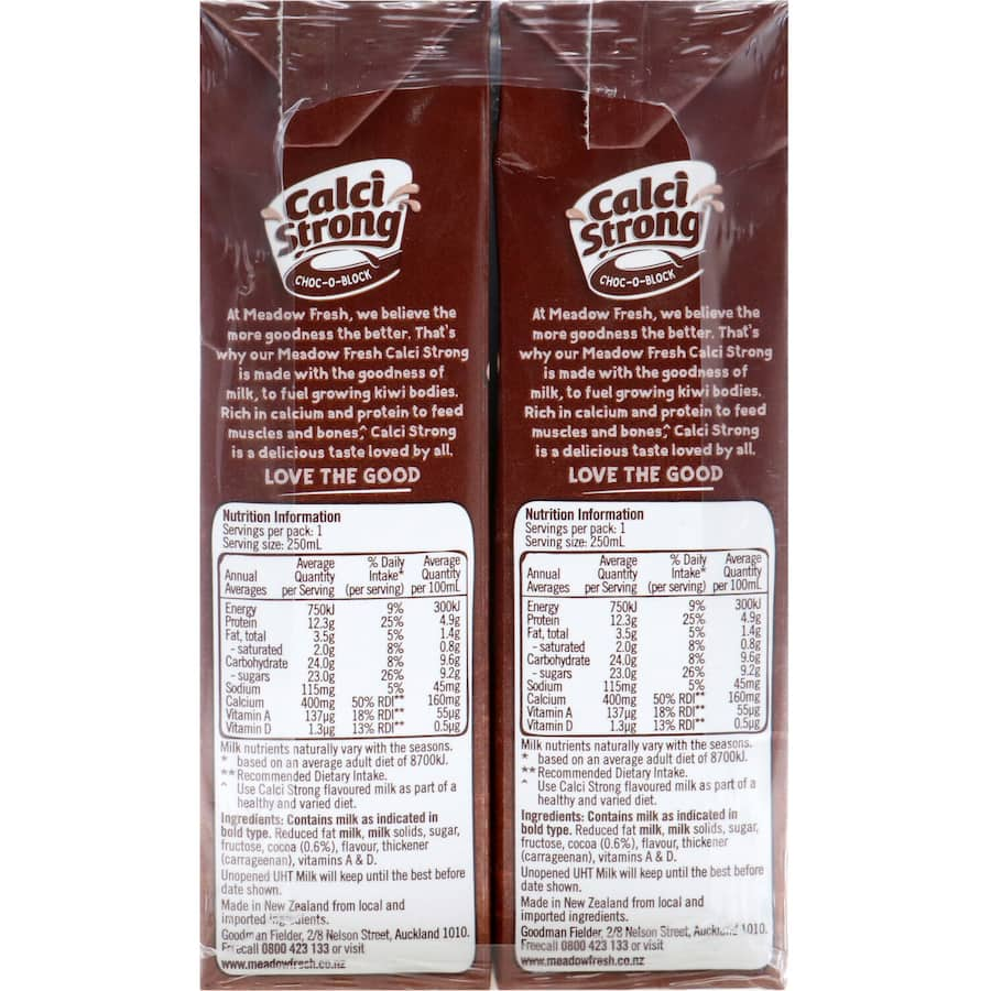 Creamy Meadow Fresh Calci Strong chocolate milk, rich in calcium and Vitamin D, perfect for nutritious snacking on the go.